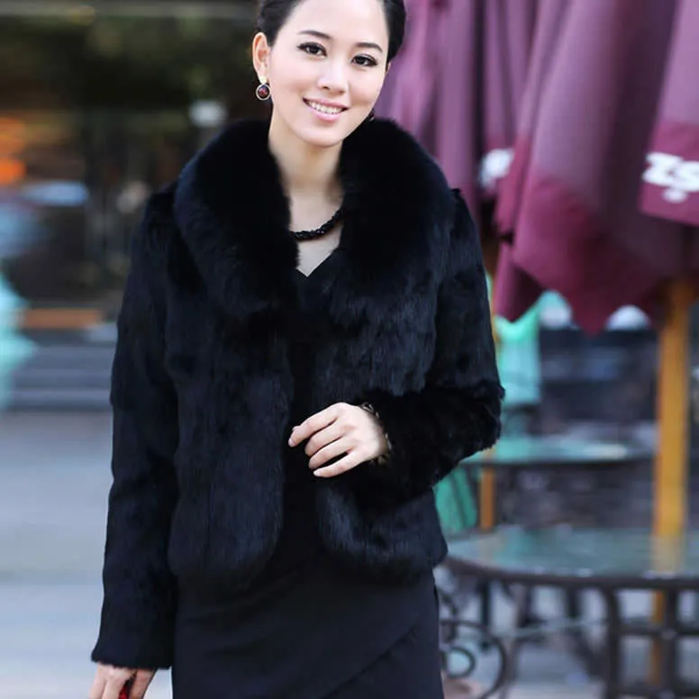 Genuine rabbit fur coat Finland fox fur collar womens' overcoat jacket 010157