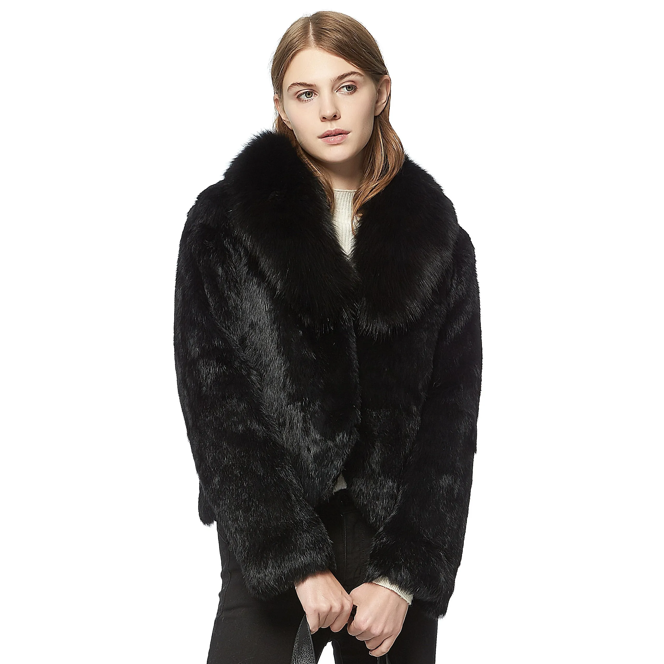 Genuine rabbit fur coat Finland fox fur collar womens' overcoat jacket 010157