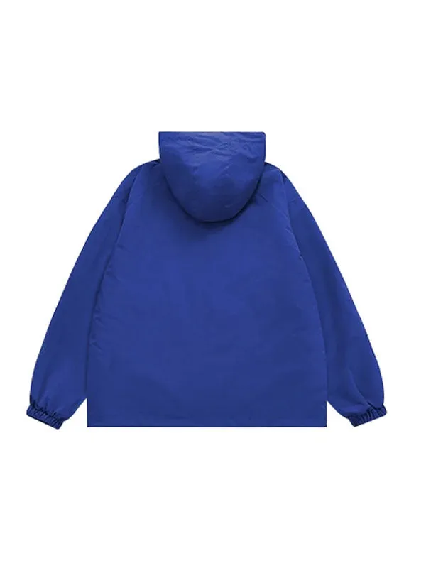 High Collared Wind and Waterproof Hooded Jacket in Blue Color