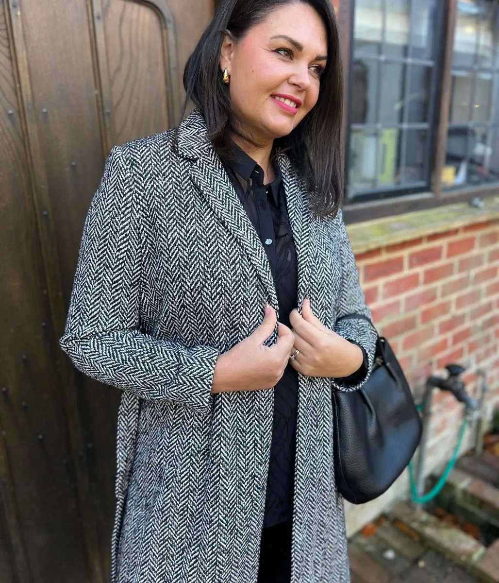 Houndstooth Wool Blend Belted Coat