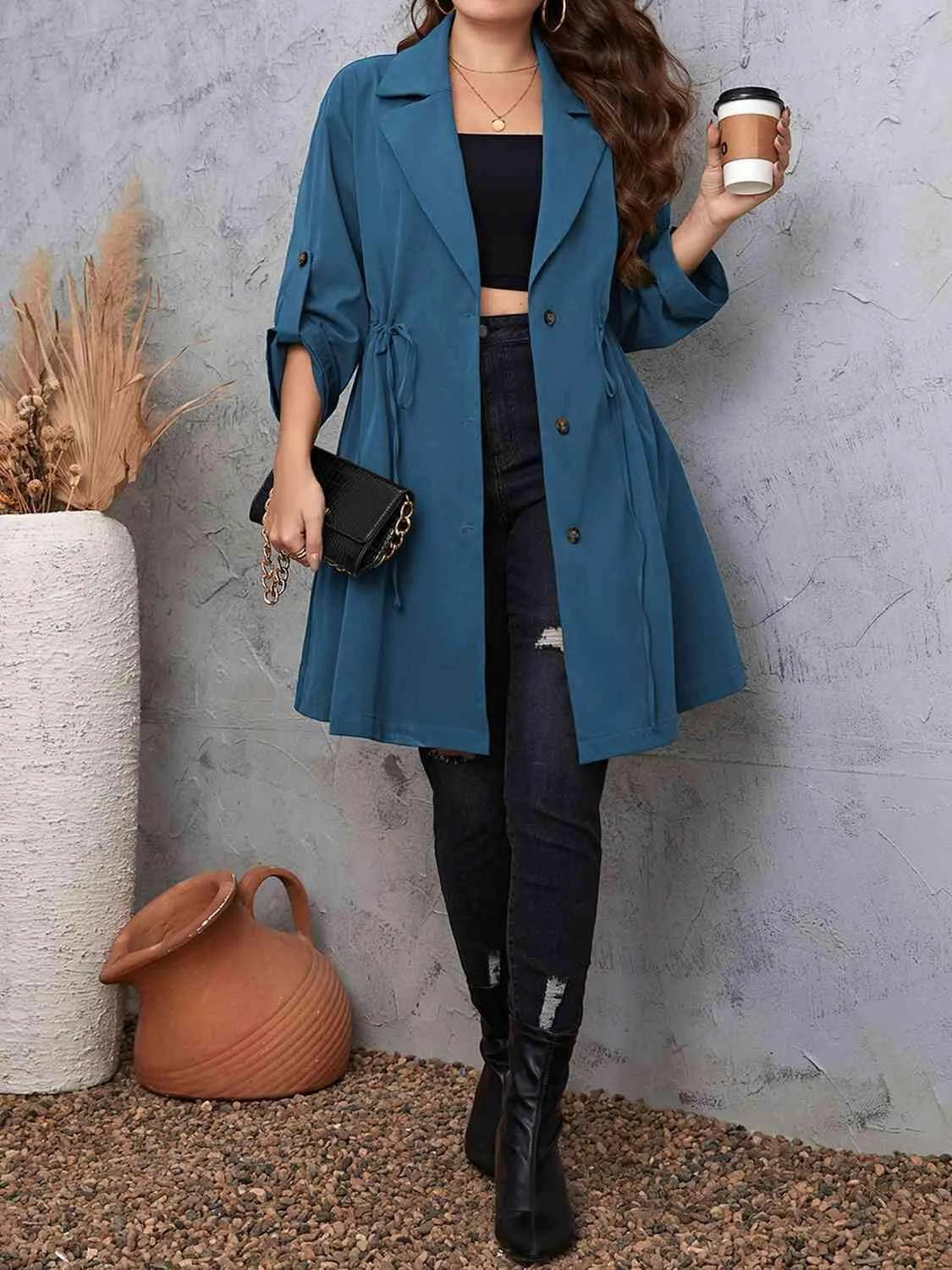 Lapel Collar Drawstring Roll-Tab Sleeve Trench Coat