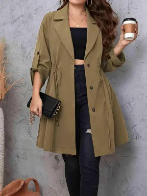 Lapel Collar Drawstring Roll-Tab Sleeve Trench Coat