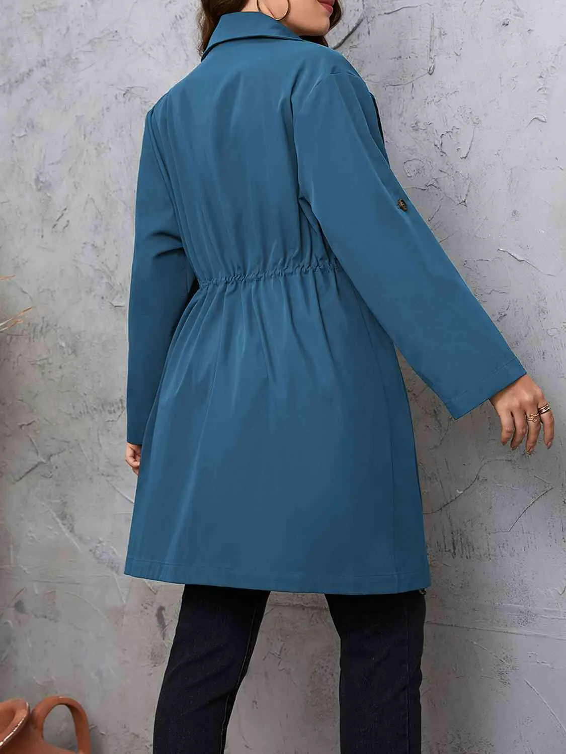 Lapel Collar Drawstring Roll-Tab Sleeve Trench Coat