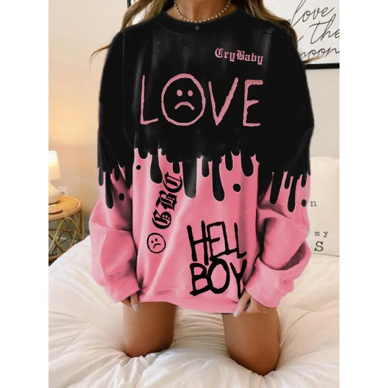 Large size long-sleeved women's round neck tie-dye printed blouse hot-selling graffiti loose jacket