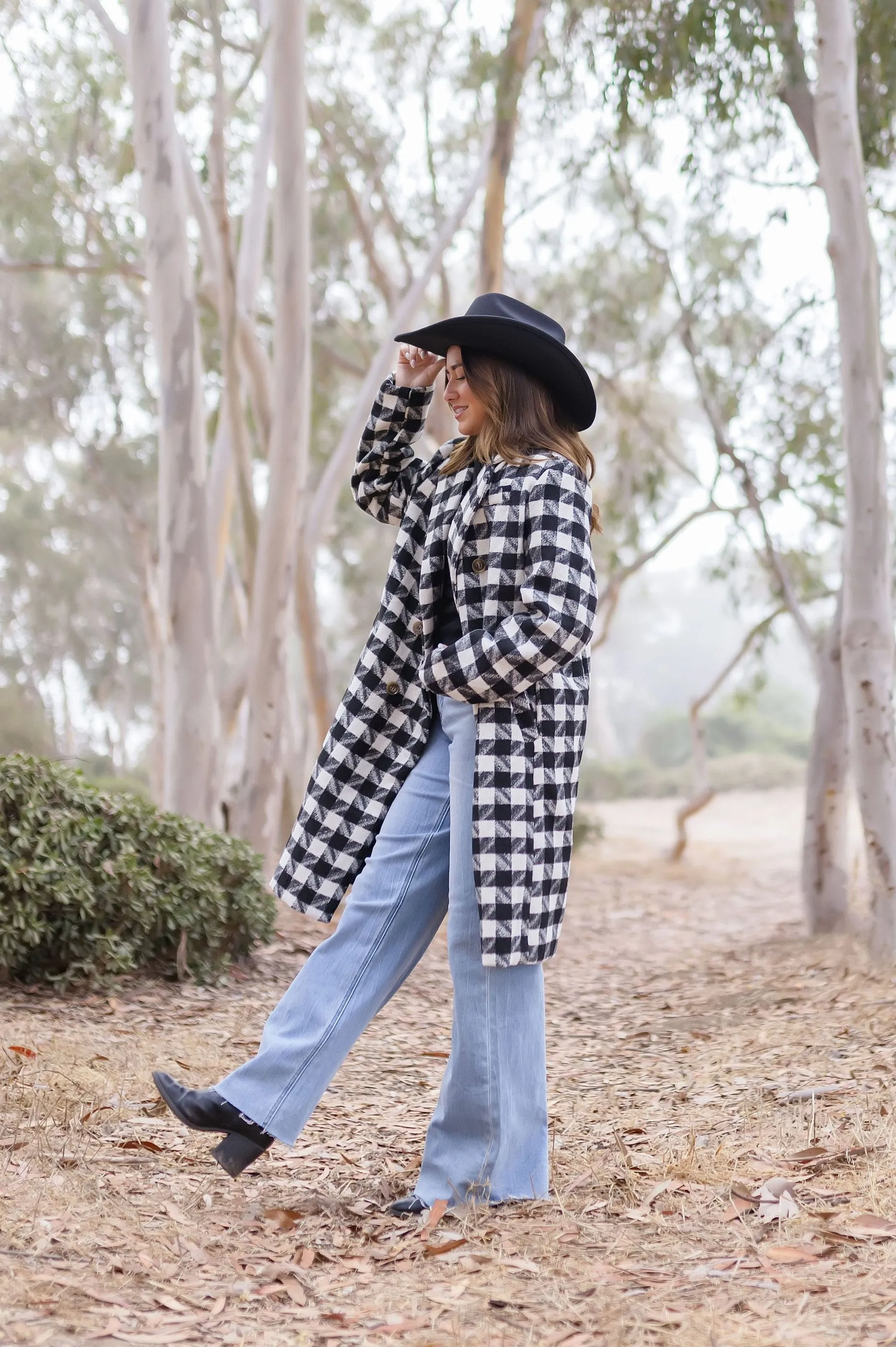 Madison Long Sleeve Houndstooth Print Tweed Coat Black