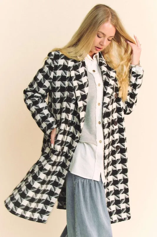 Madison Long Sleeve Houndstooth Print Tweed Coat Black