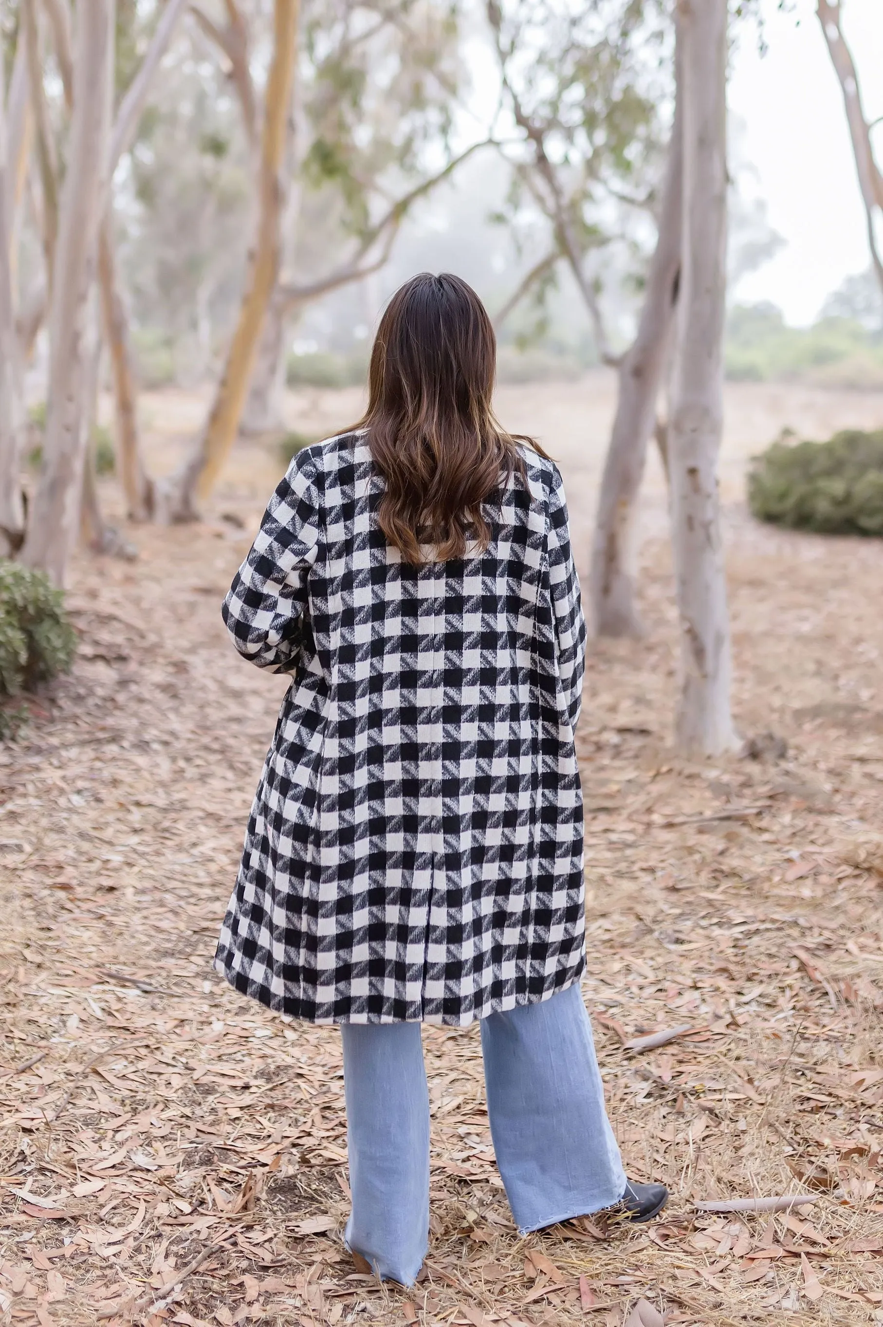 Madison Long Sleeve Houndstooth Print Tweed Coat Black