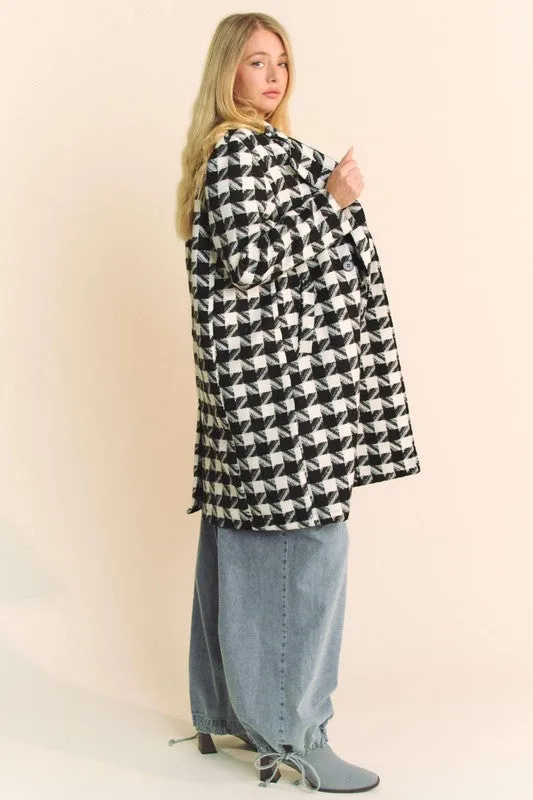 Madison Long Sleeve Houndstooth Print Tweed Coat Black