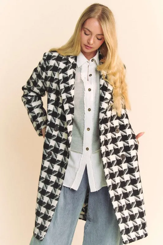 Madison Long Sleeve Houndstooth Print Tweed Coat Black