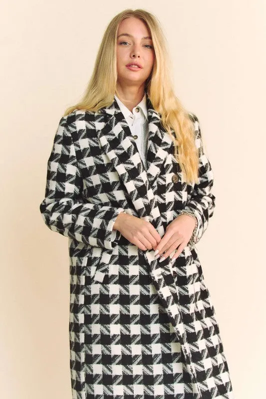 Madison Long Sleeve Houndstooth Print Tweed Coat Black