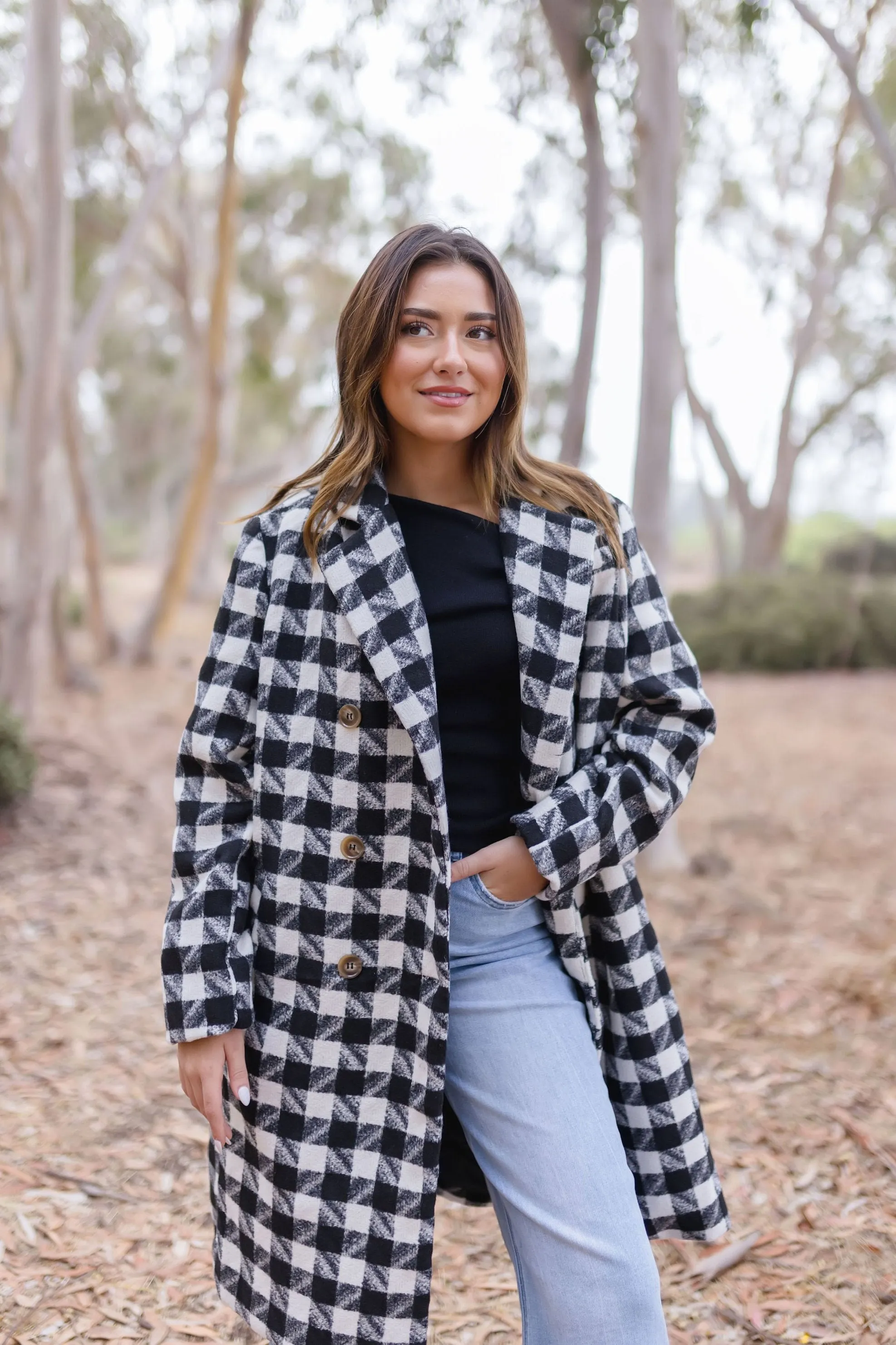 Madison Long Sleeve Houndstooth Print Tweed Coat Black