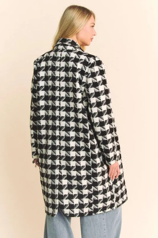 Madison Long Sleeve Houndstooth Print Tweed Coat Black