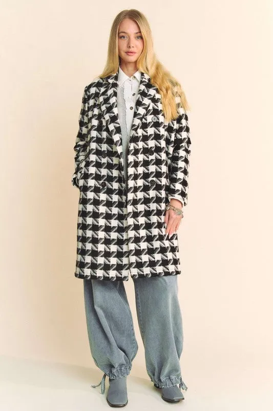 Madison Long Sleeve Houndstooth Print Tweed Coat Black