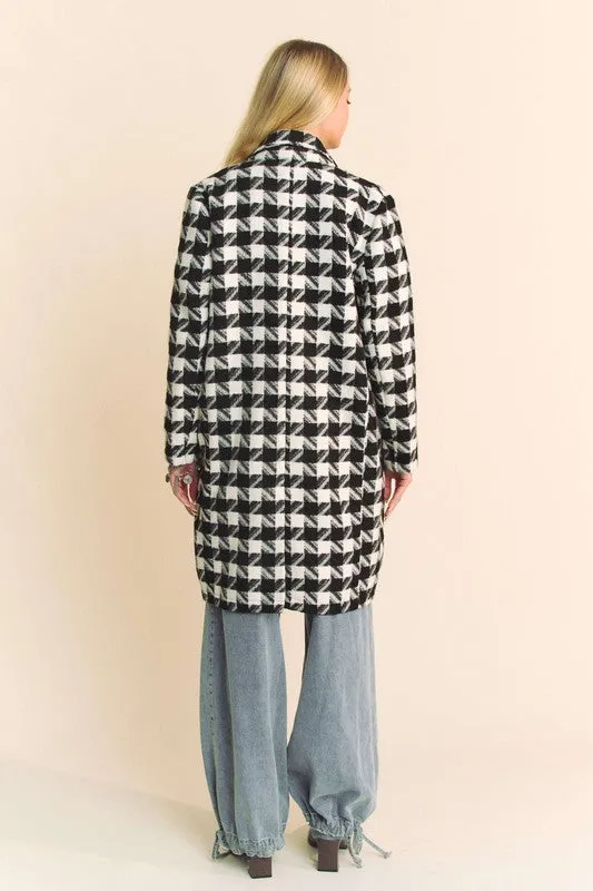 Madison Long Sleeve Houndstooth Print Tweed Coat Black