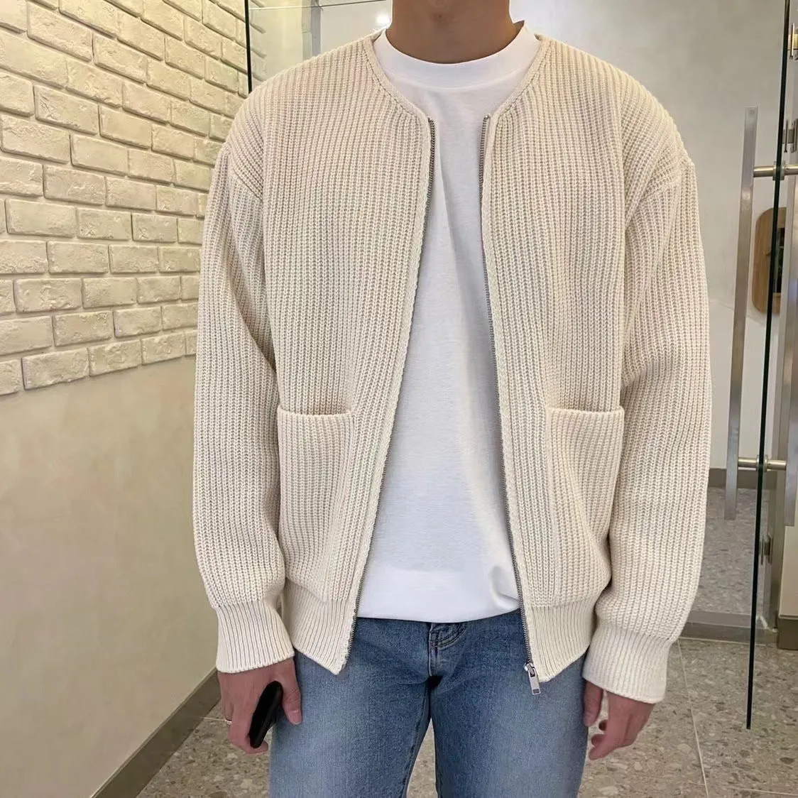 Men Zip Up Knitted Cardigan All Seasons Comfortable Soft Long Sleeve