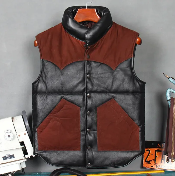 Men's Genuine Cow Leather Winter Vest Jacket with Sheepskin Lining