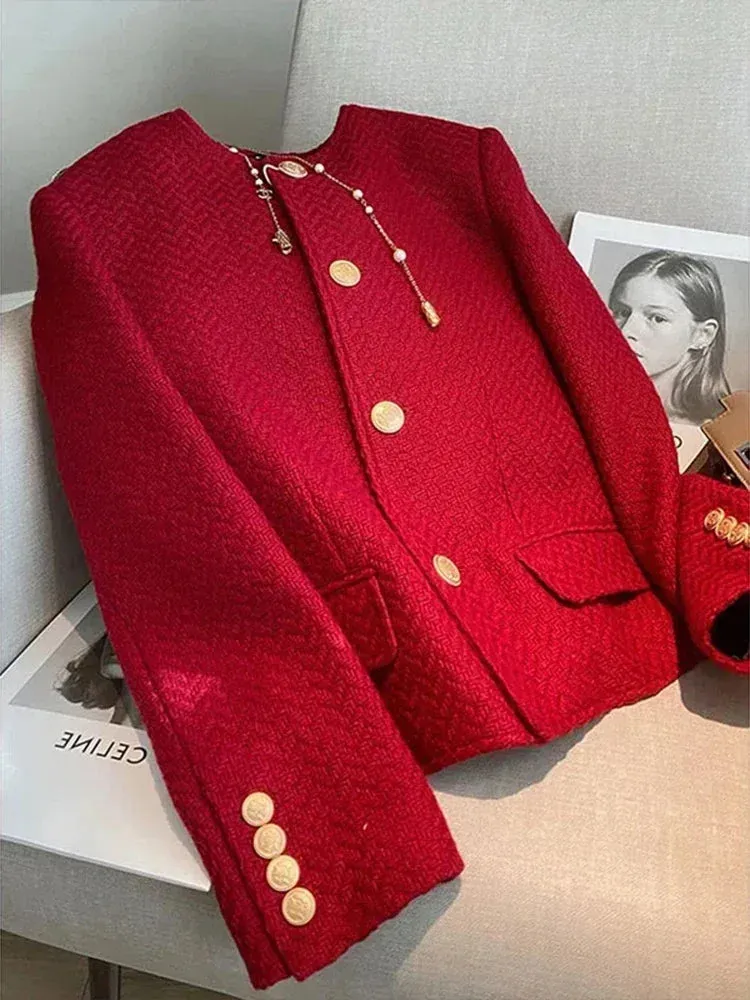 Metaversmall Stylish Vintage Korean Women's Red Buttons Coats High-Quality Autumn Winter Elegant Temperament Women Long Sleeve Suit Jackets