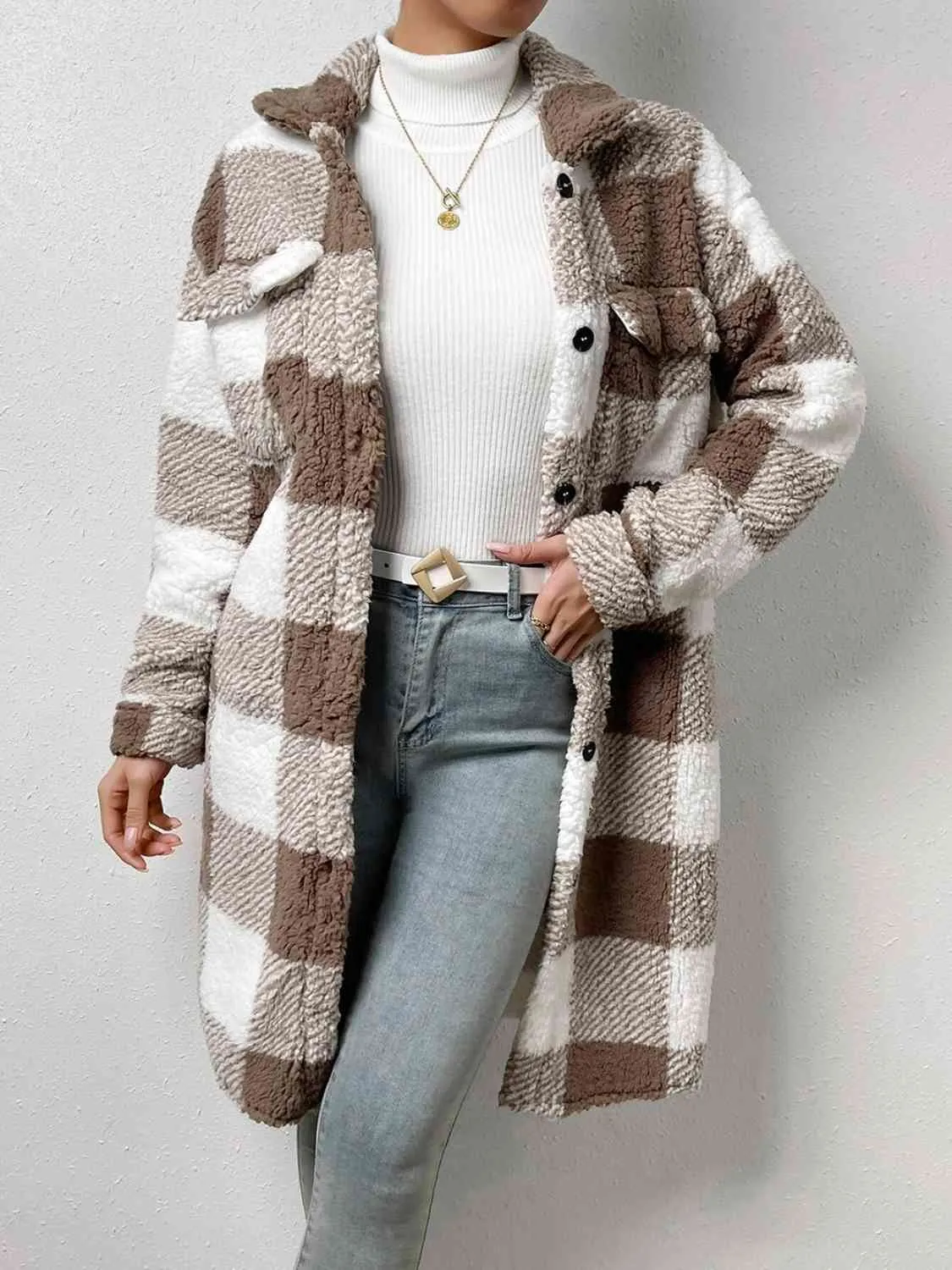 Plaid Collared Neck Button Down Coat