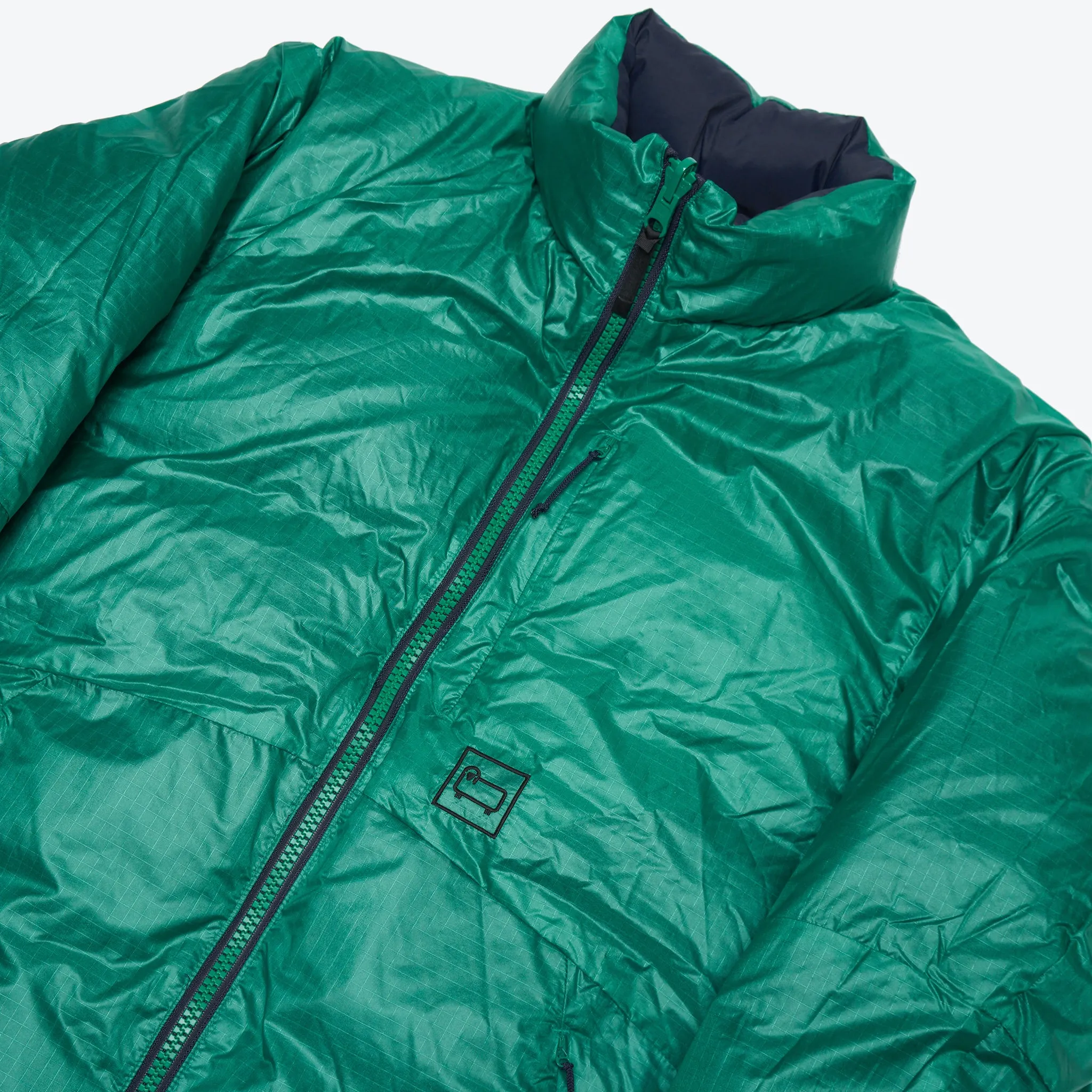 Reversible Navy/Green Muffle Down Jacket with Adjustable Hood