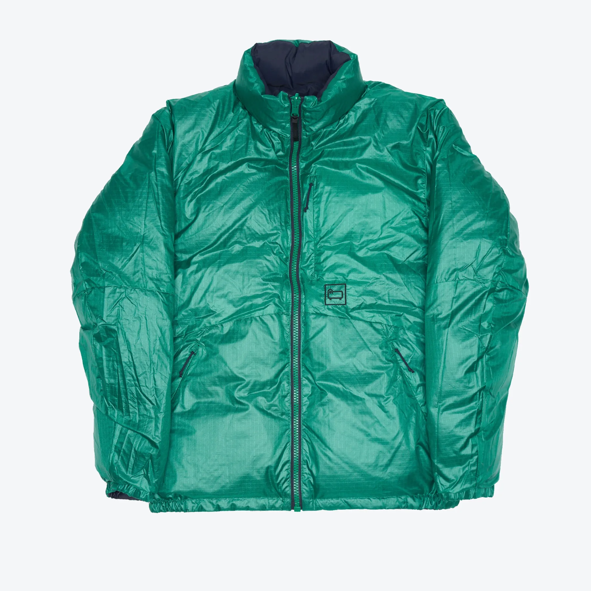 Reversible Navy/Green Muffle Down Jacket with Adjustable Hood