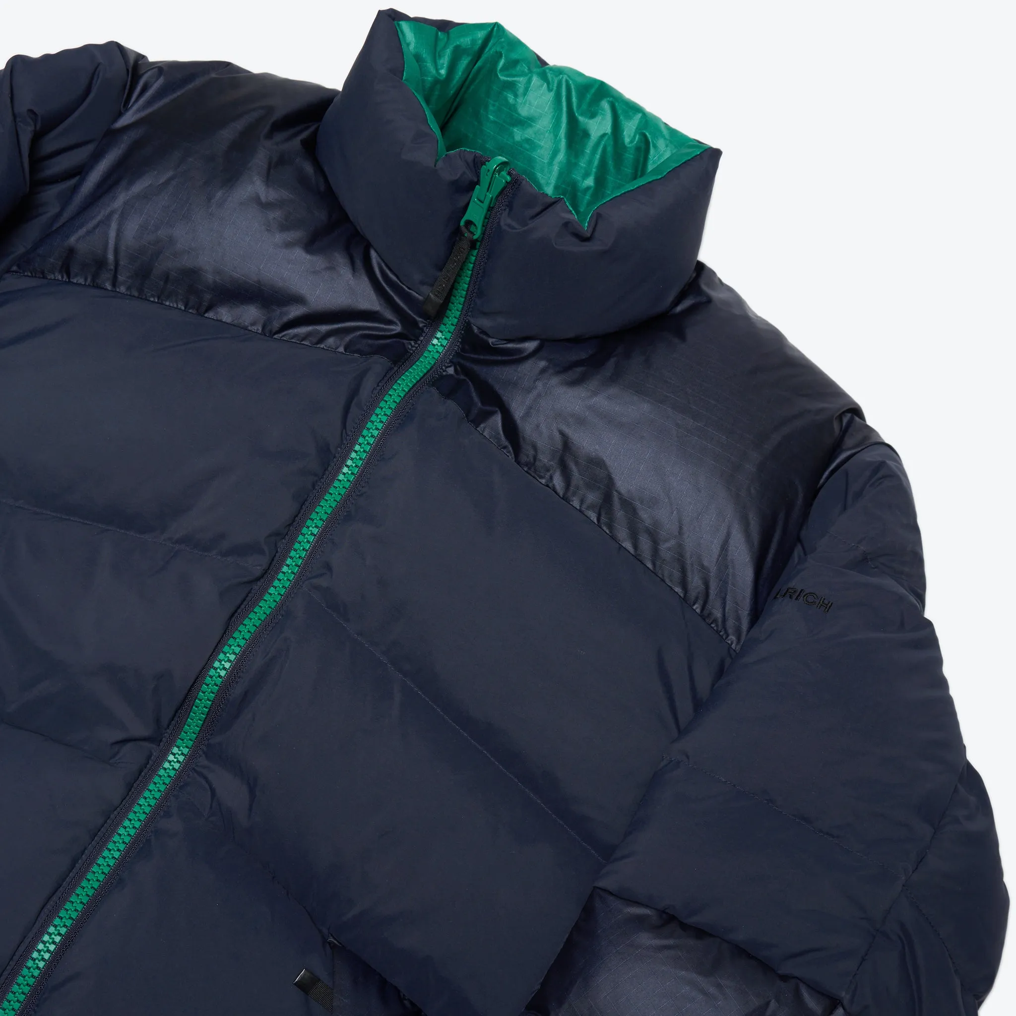 Reversible Navy/Green Muffle Down Jacket with Adjustable Hood