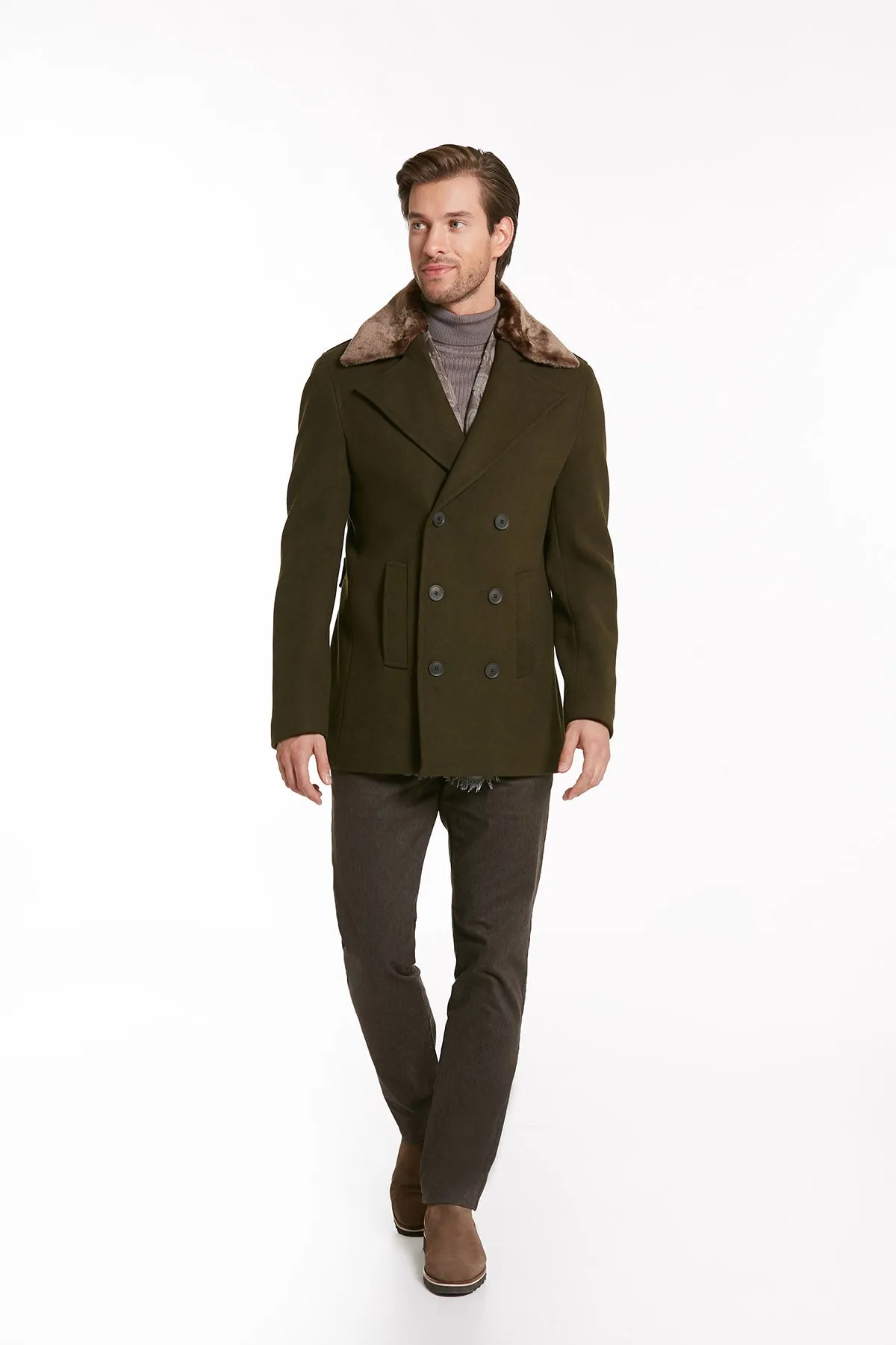 Slim Fit Cachet Double Breasted Wool Blend Light Gray Coat, Khaki