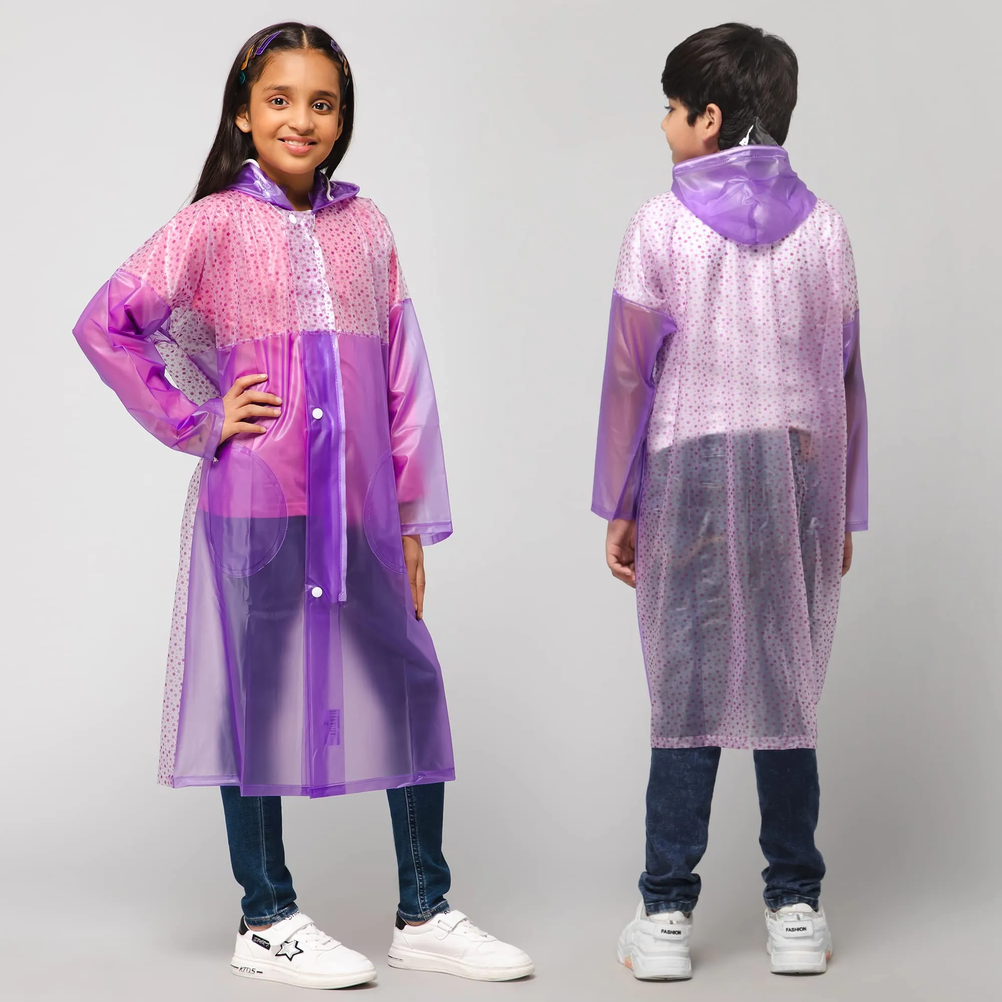 THE CLOWNFISH Drip Dude Series Unisex Kids Waterproof Single Layer PVC Longcoat/Raincoat with Adjustable Hood. Age-6-7 Years (Purple)