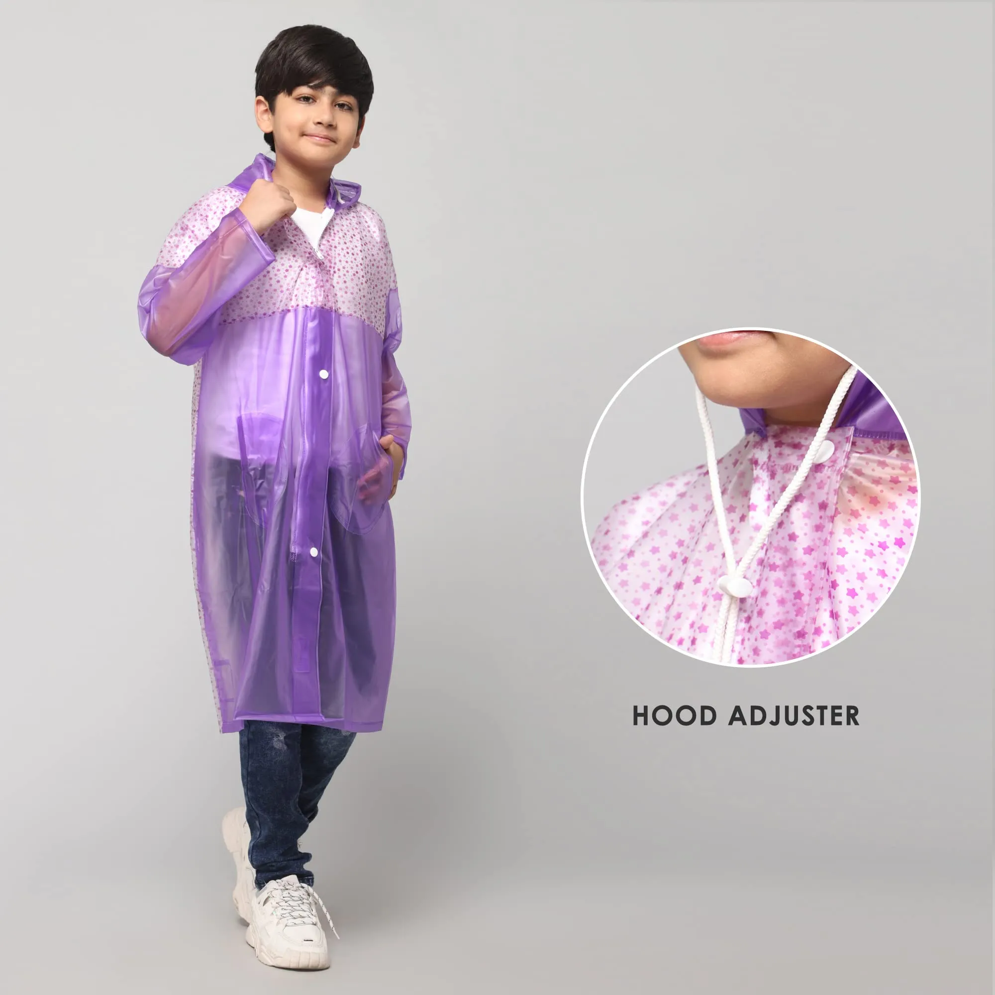 THE CLOWNFISH Drip Dude Series Unisex Kids Waterproof Single Layer PVC Longcoat/Raincoat with Adjustable Hood. Age-6-7 Years (Purple)