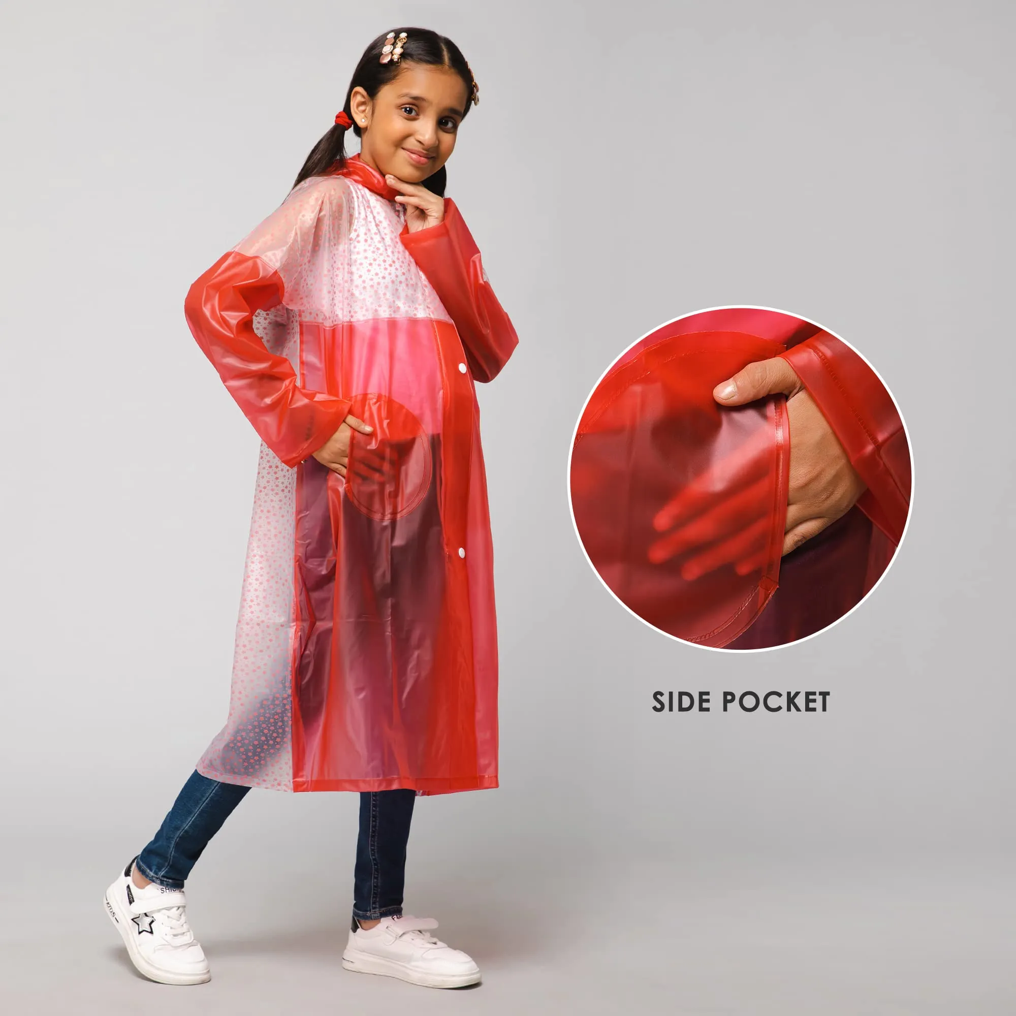 THE CLOWNFISH Drip Dude Series Unisex Kids Waterproof Single Layer PVC Longcoat/Raincoat with Adjustable Hood. Age-6-7 Years (Rose Red)