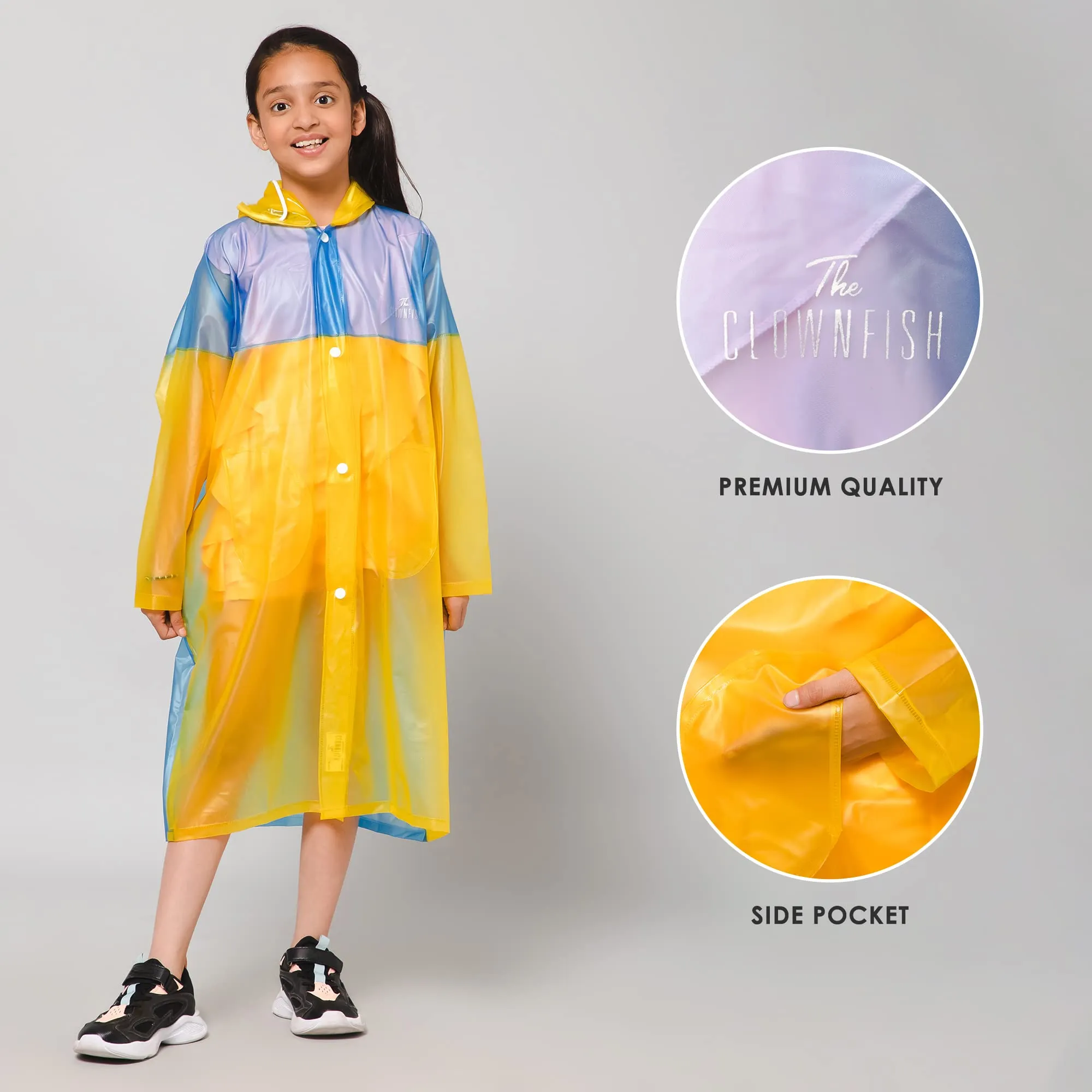 THE CLOWNFISH Puddle Jumper Series Unisex Kids Waterproof Single Layer PVC Longcoat/Raincoat with Adjustable Hood. Age-5-6 Years (Blue)