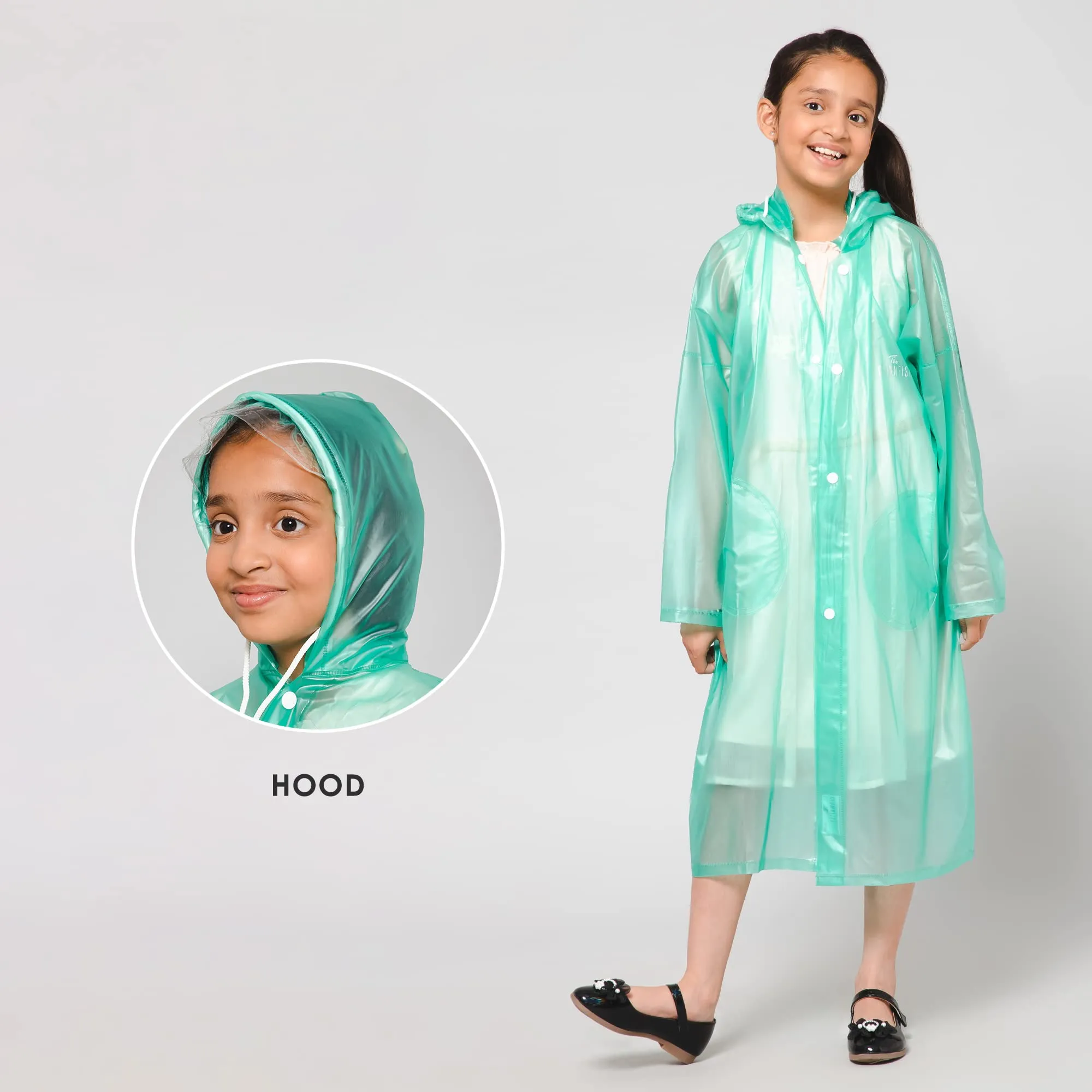 THE CLOWNFISH Wet & Wild Series Unisex Kids Waterproof Single Layer PVC Longcoat/Raincoat with Adjustable Hood. Age-3-4 Years (Fern Green)