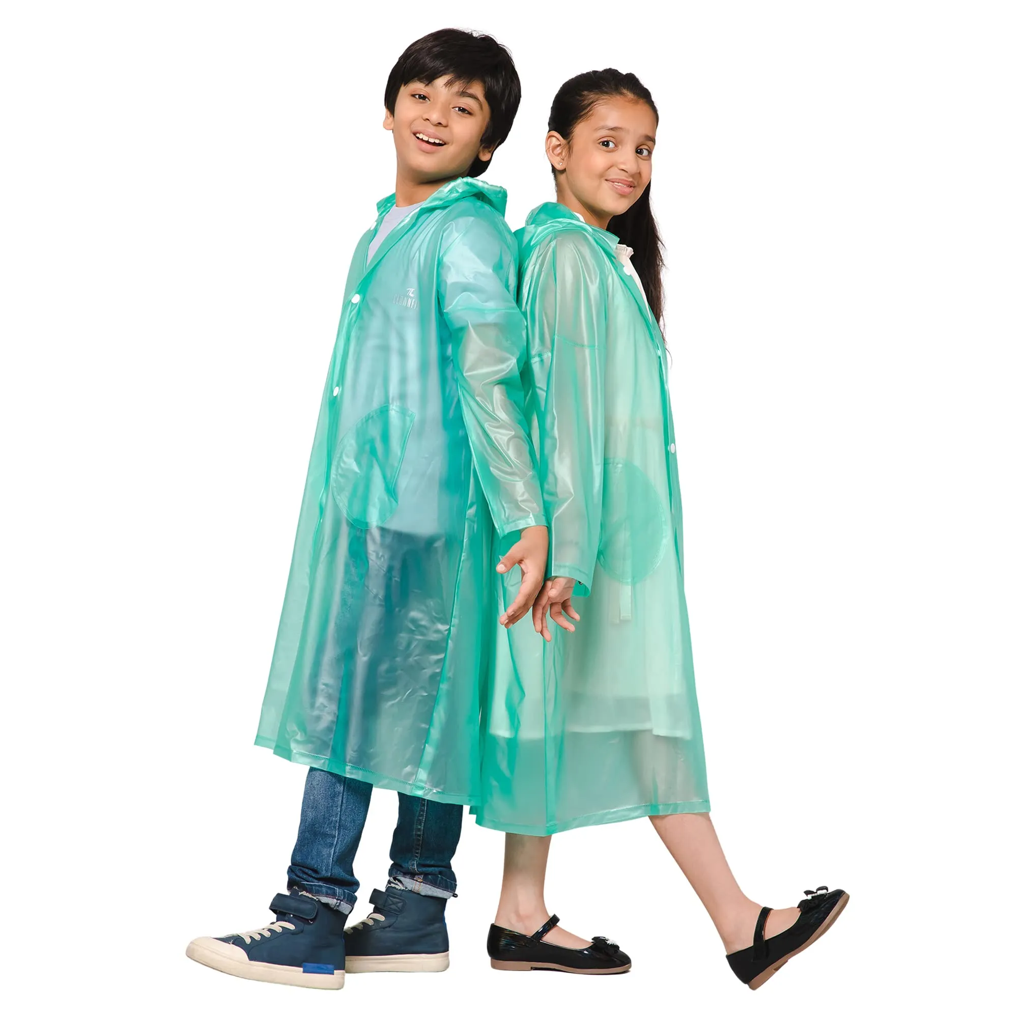 THE CLOWNFISH Wet & Wild Series Unisex Kids Waterproof Single Layer PVC Longcoat/Raincoat with Adjustable Hood. Age-3-4 Years (Fern Green)