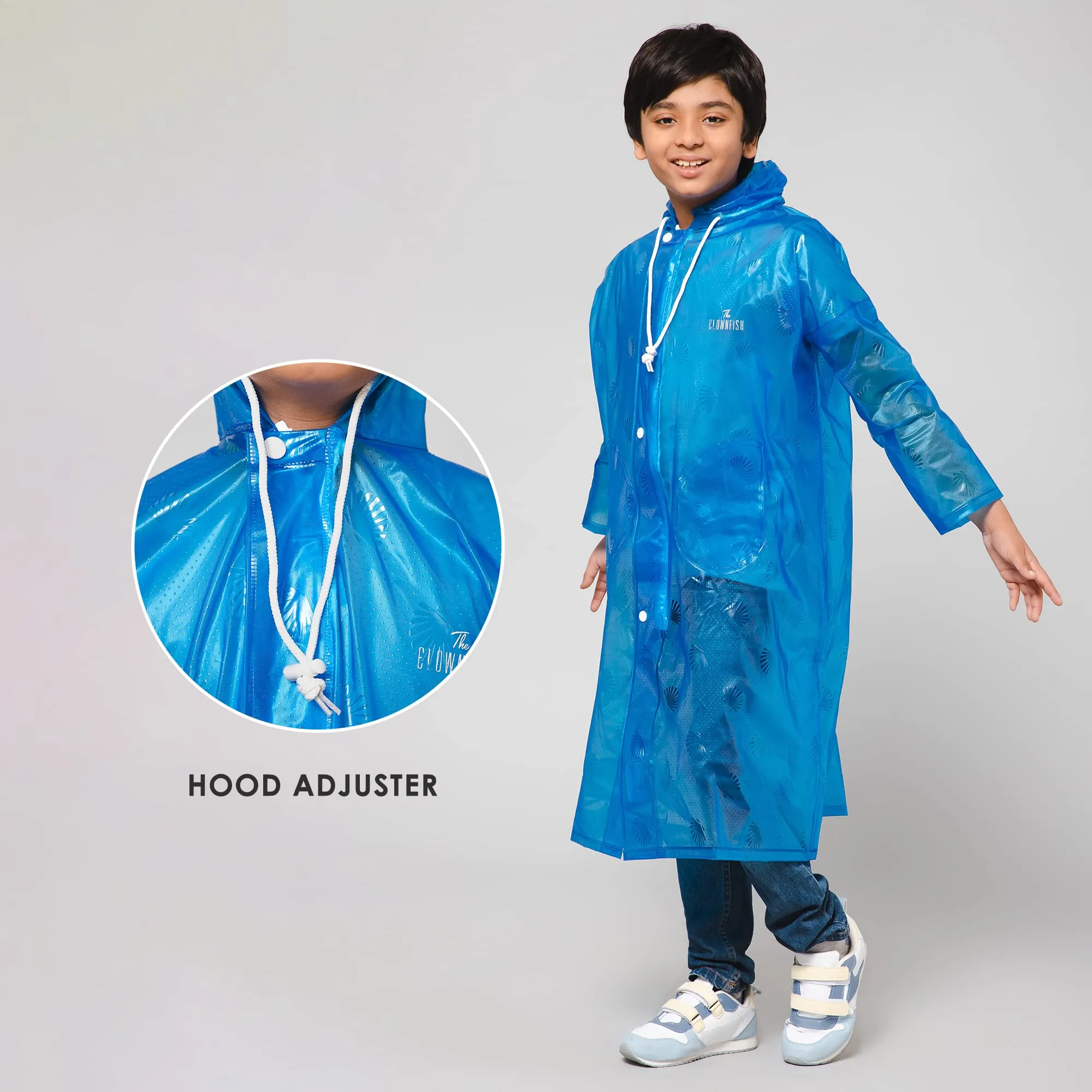 THE CLOWNFISH Wet & Wild Series Unisex Kids Waterproof Single Layer PVC Longcoat/Raincoat with Adjustable Hood. Age-4-5 Years (Royal Blue)