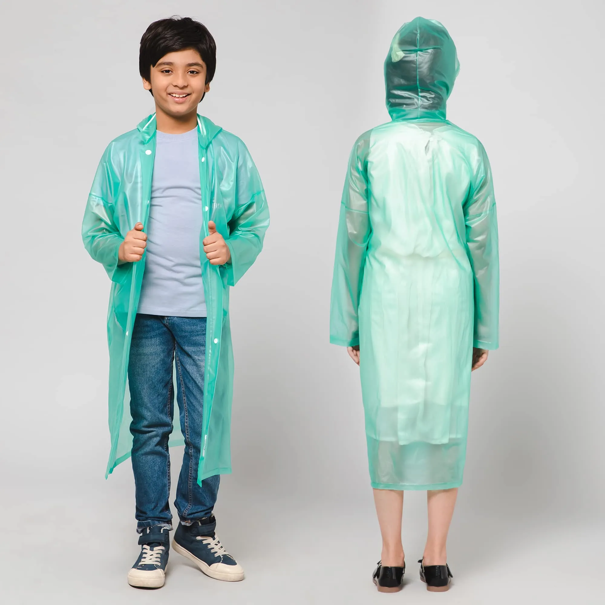 THE CLOWNFISH Wet & Wild Series Unisex Kids Waterproof Single Layer PVC Longcoat/Raincoat with Adjustable Hood. Age-6-7 Years (Fern Green)