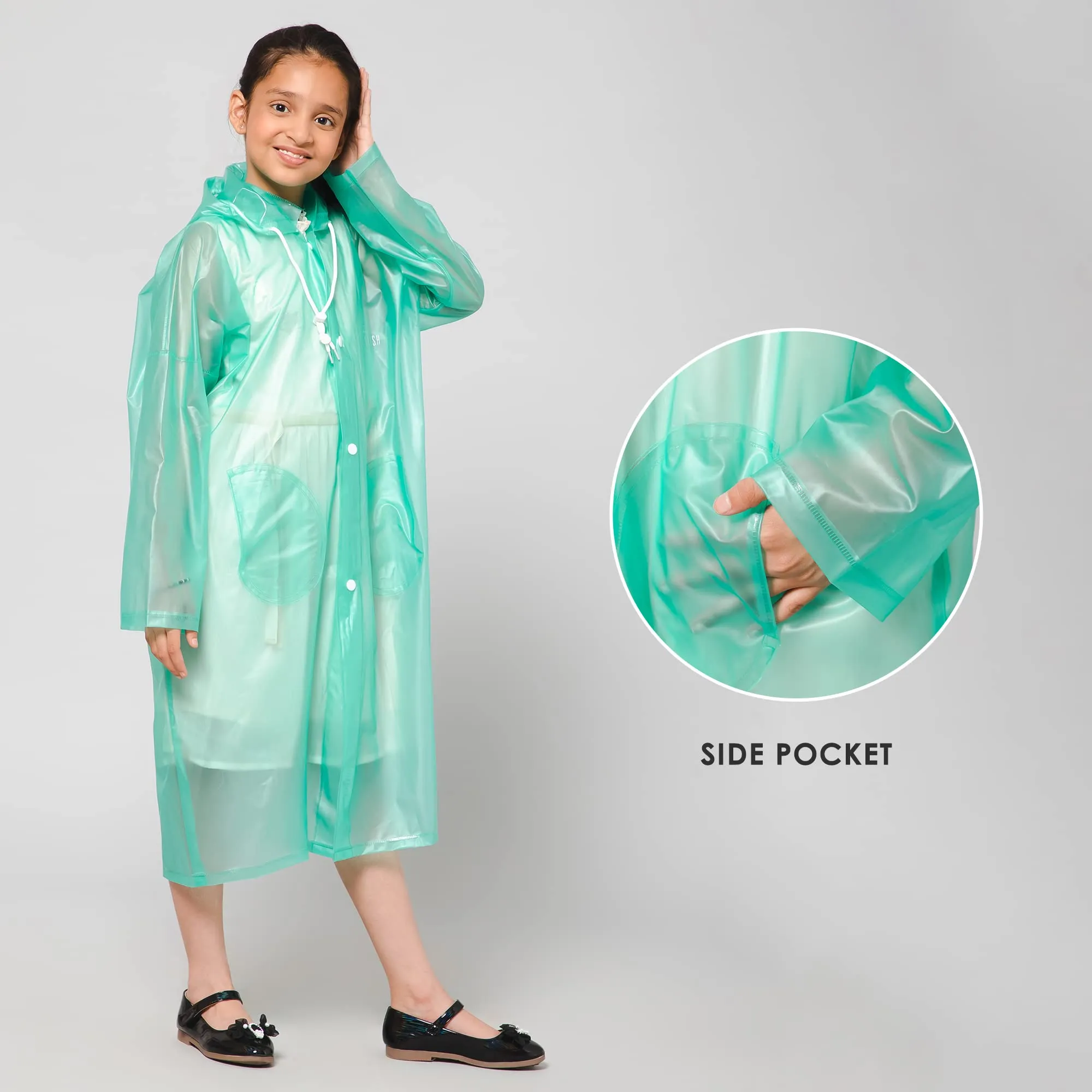 THE CLOWNFISH Wet & Wild Series Unisex Kids Waterproof Single Layer PVC Longcoat/Raincoat with Adjustable Hood. Age-6-7 Years (Fern Green)