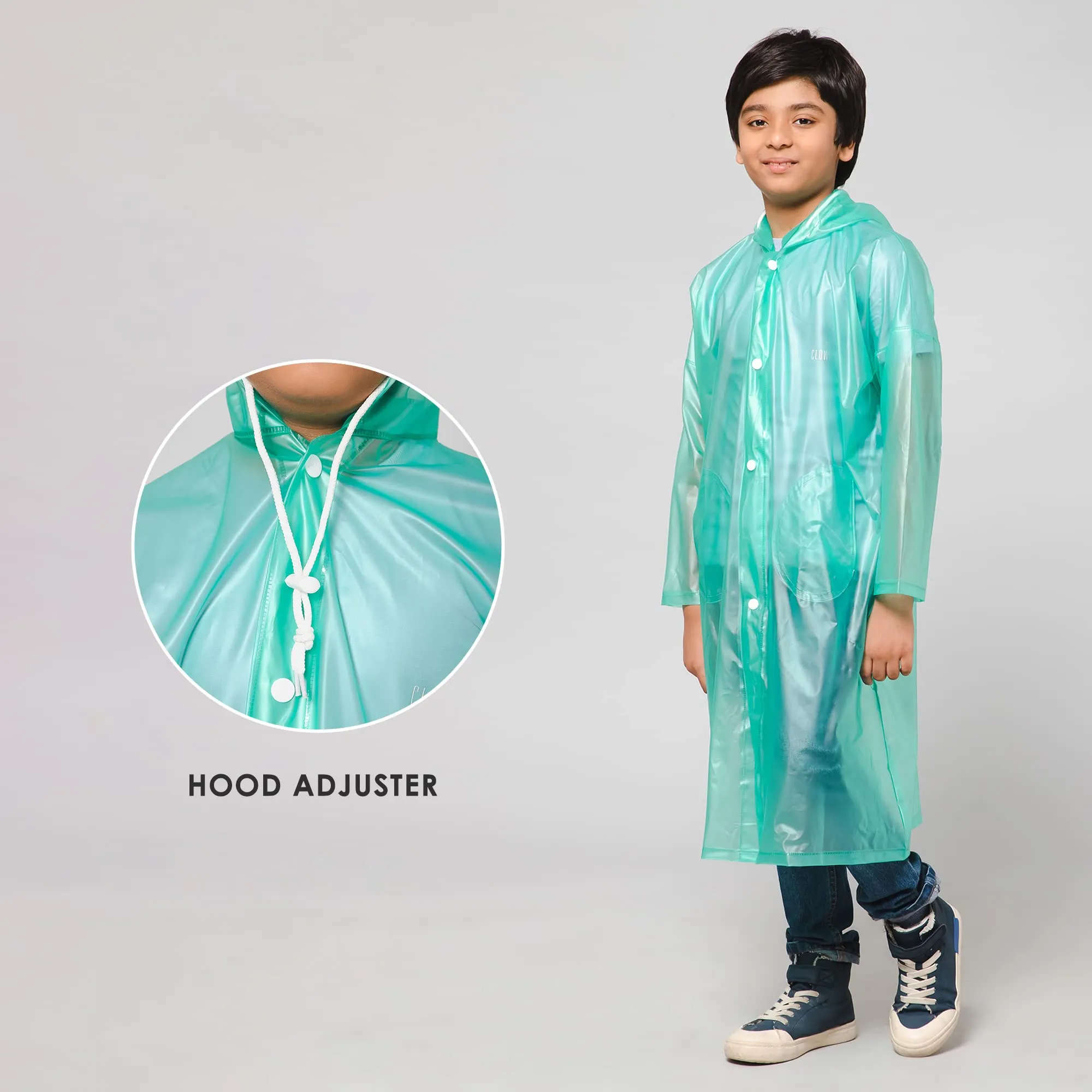 THE CLOWNFISH Wet & Wild Series Unisex Kids Waterproof Single Layer PVC Longcoat/Raincoat with Adjustable Hood. Age-6-7 Years (Fern Green)