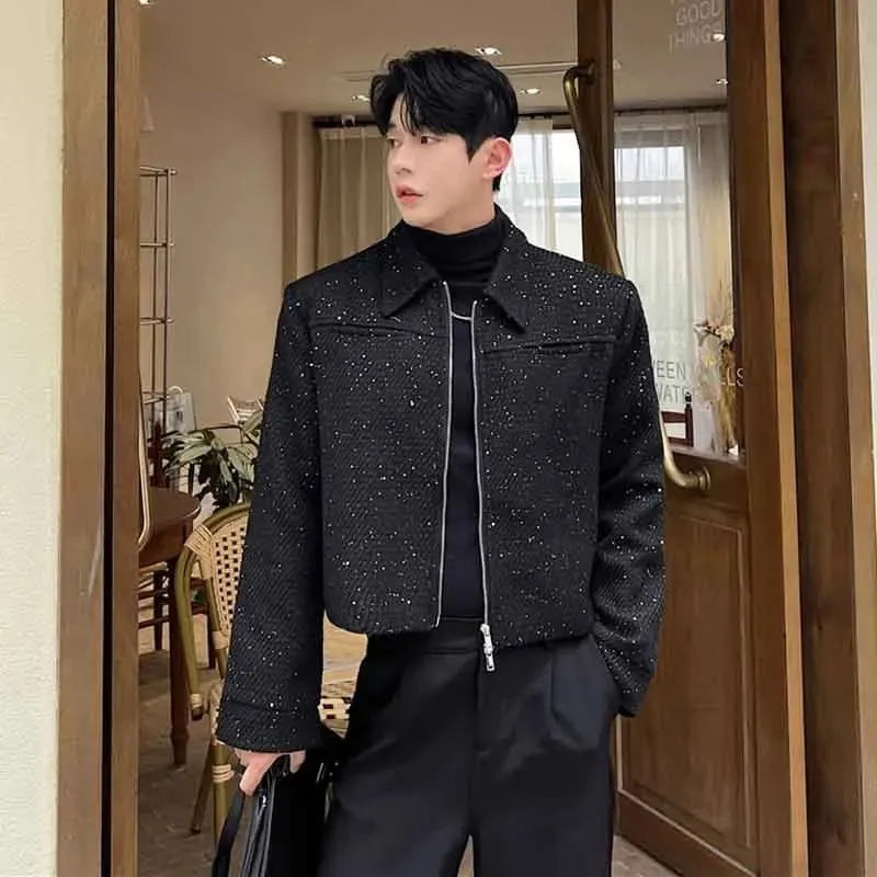 Trend Men's Outerwear Fashion Personality Sequin Double Opening Zipper Jackets Korean Style Casual Short Coat 9C2999