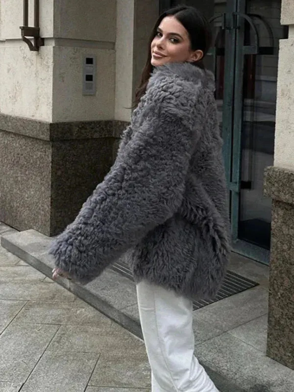 Wenkouban-Winter outfits Christmas Black Friday Lapel Collar Thick Warm Grey Faux Fur Coat Winter Coat