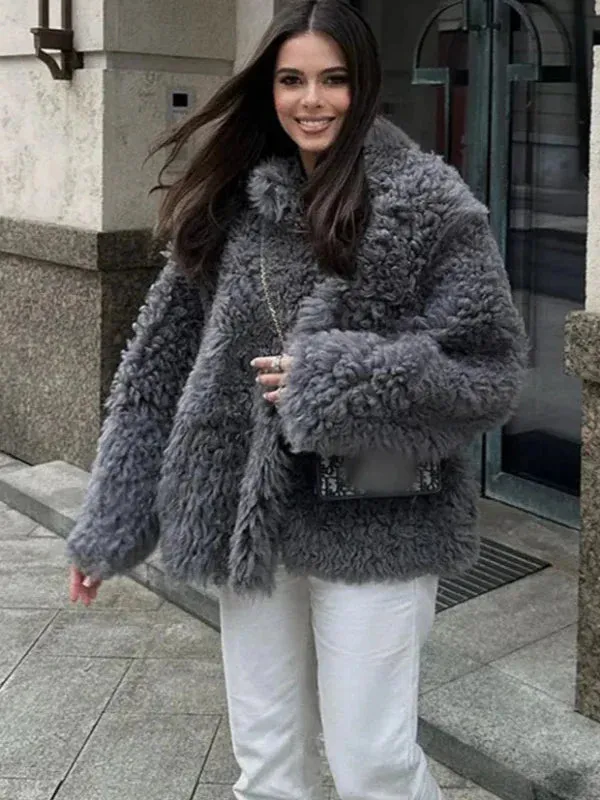 Wenkouban-Winter outfits Christmas Black Friday Lapel Collar Thick Warm Grey Faux Fur Coat Winter Coat