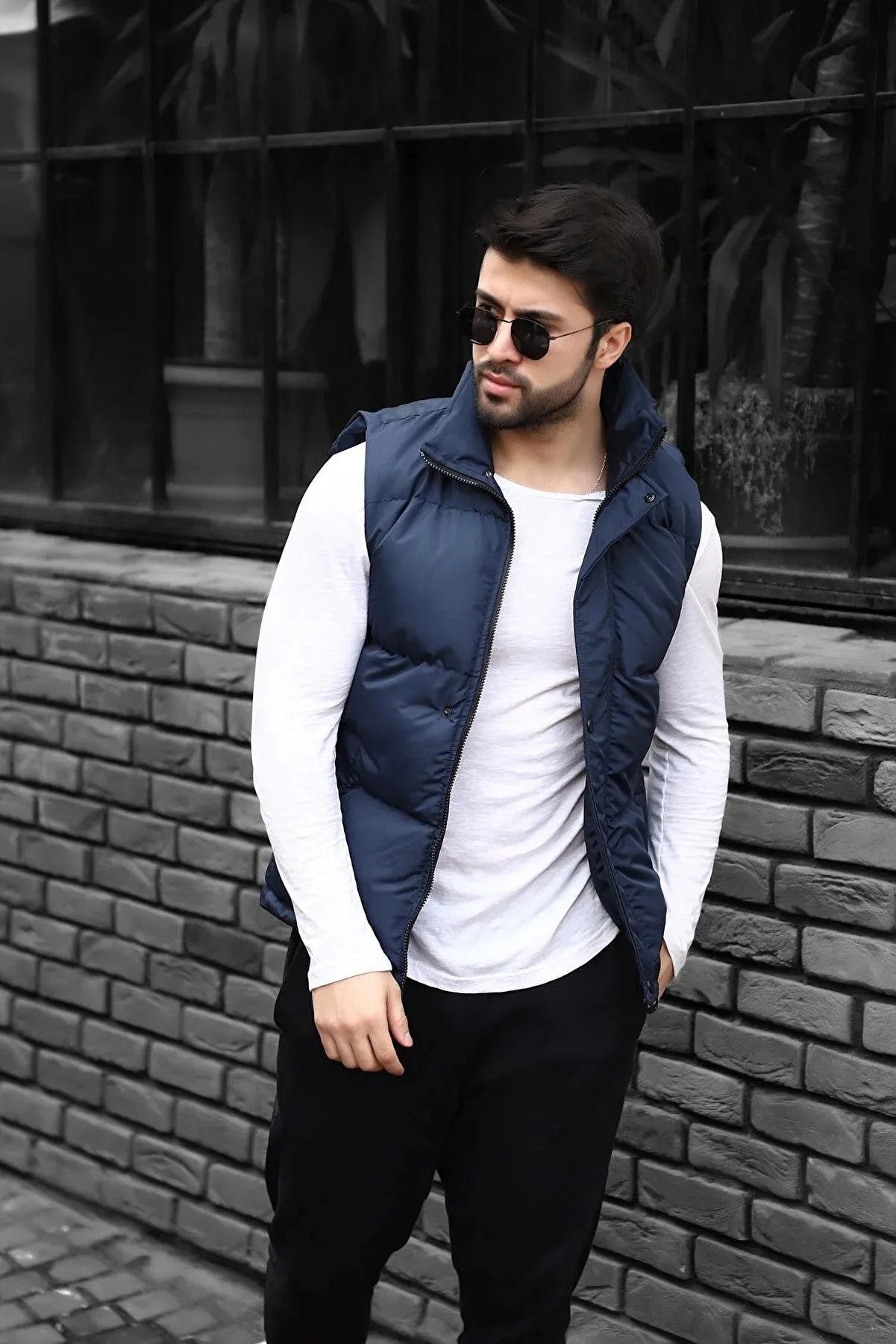 Weyeze Men's Navy Blue Stand-up Collar Zippered Inflatable Vest