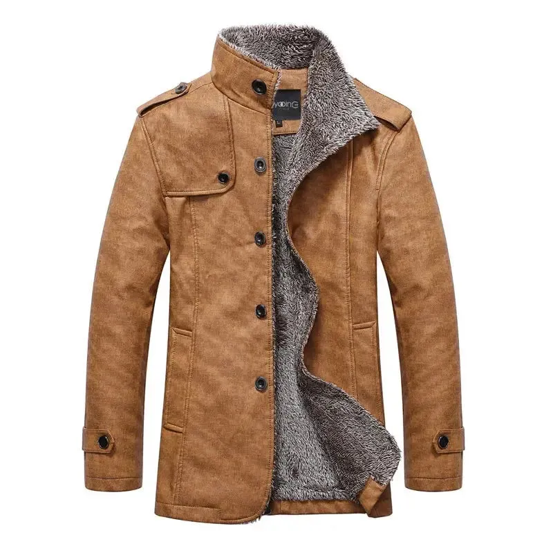 Winter Warm Faux Leather Jacket Men Solid Long Sleeve PU Leather Coat Stand Collar Thick Slim Fit Men Jacket Trench Coats