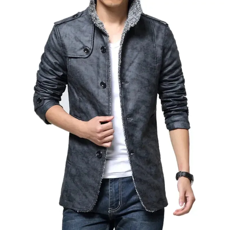 Winter Warm Faux Leather Jacket Men Solid Long Sleeve PU Leather Coat Stand Collar Thick Slim Fit Men Jacket Trench Coats