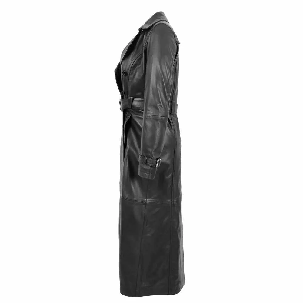 Women Matrix Black Leather Long Coat