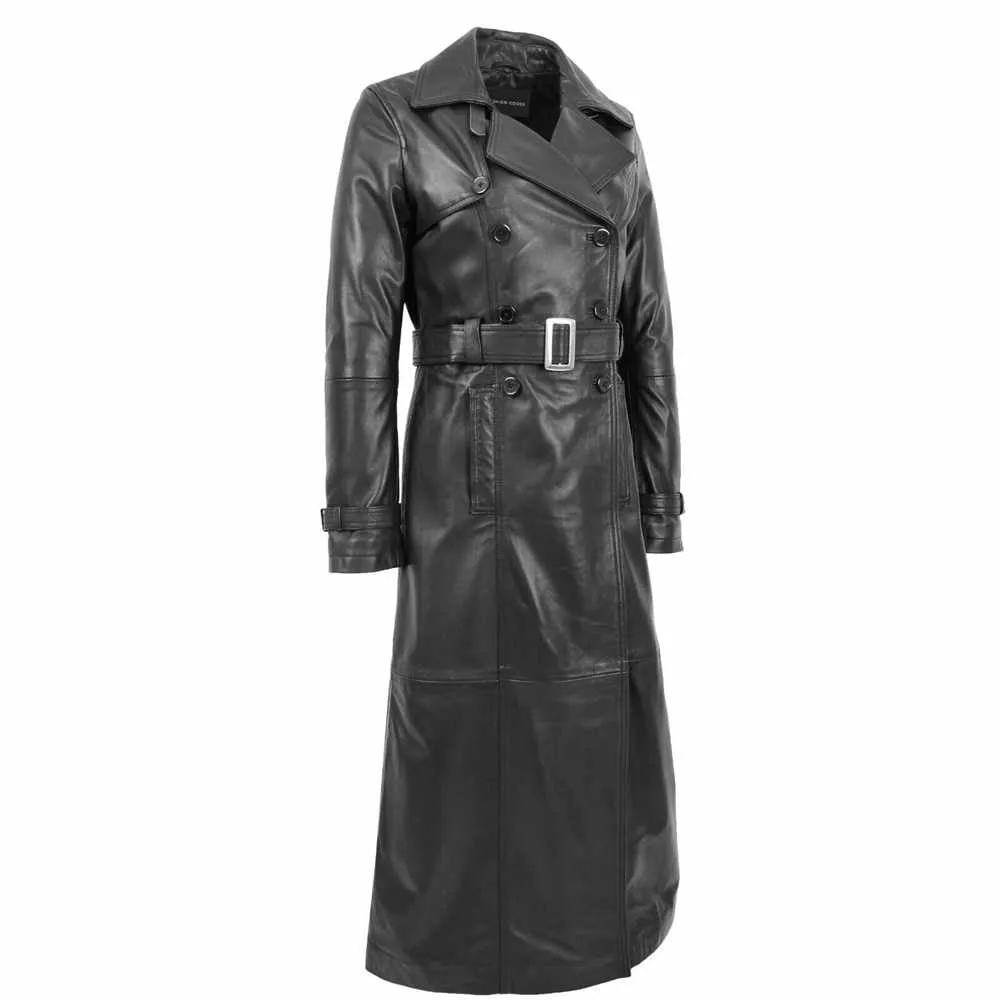 Women Matrix Black Leather Long Coat