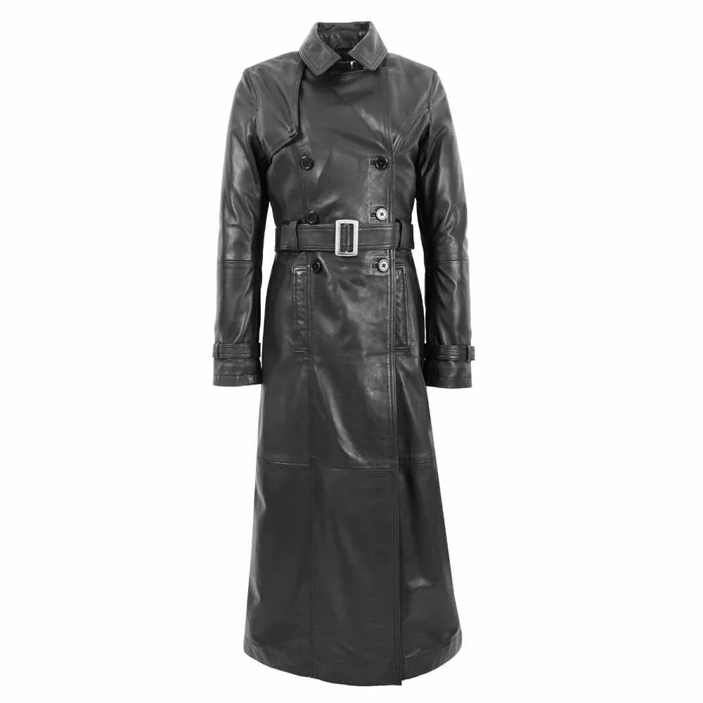 Women Matrix Black Leather Long Coat