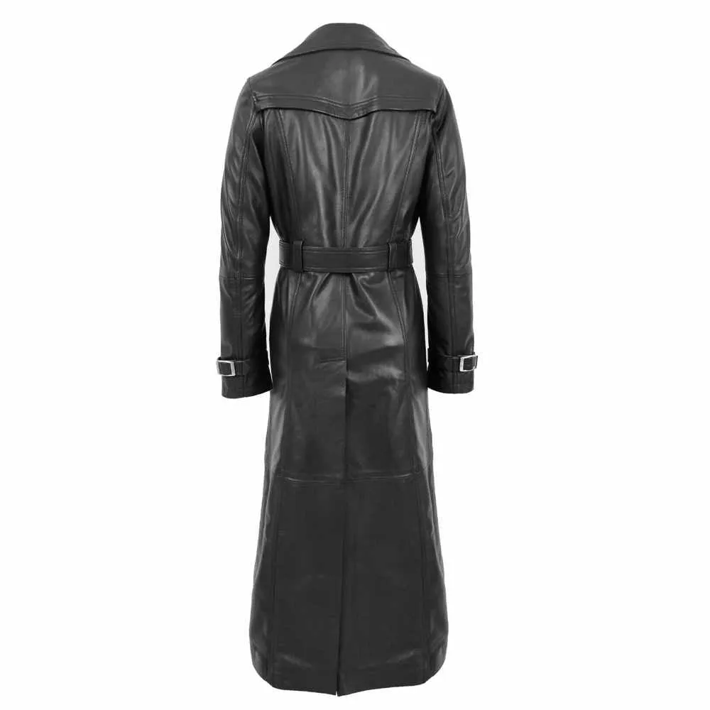 Women Matrix Black Leather Long Coat