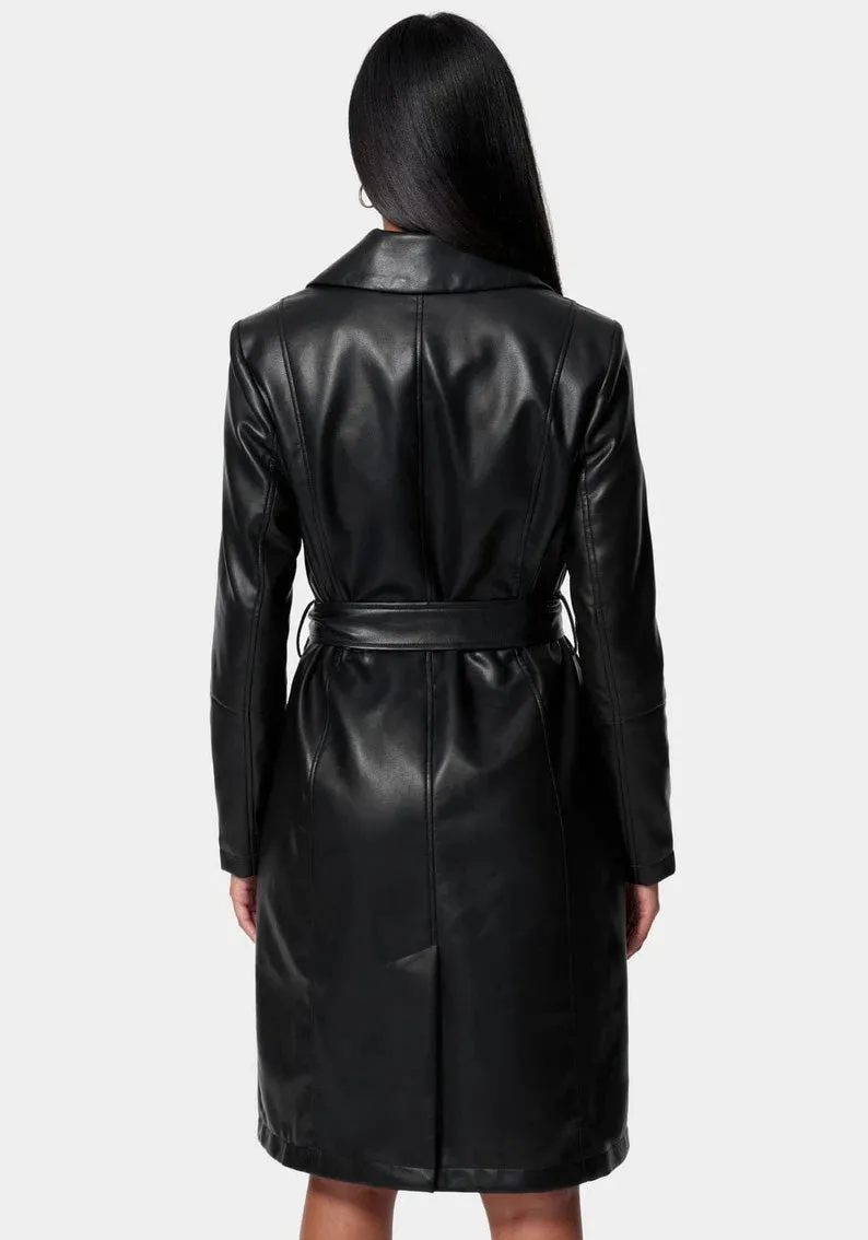 Women's Black Sheepskin Leather Trench Coat