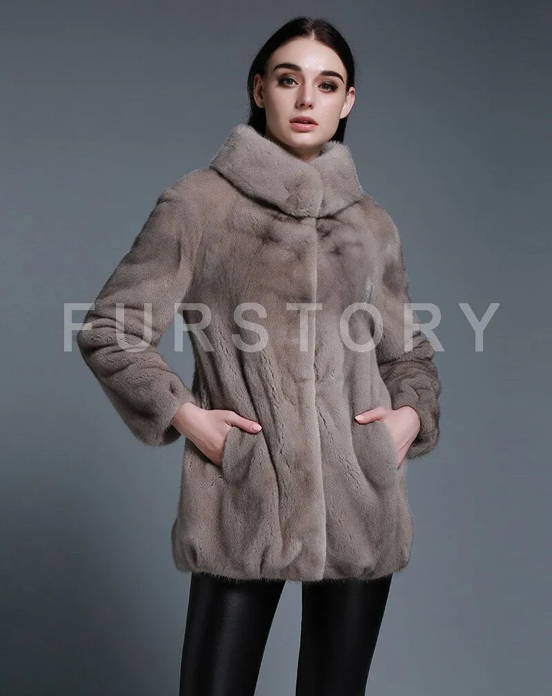 Women's Genuine Mink Fur Coat Long Sleeve Silver Blue Color Color Outerwear 161207