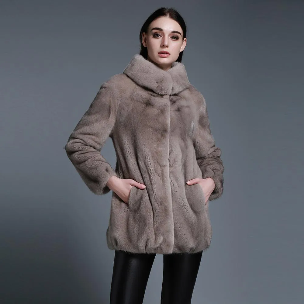 Women's Genuine Mink Fur Coat Long Sleeve Silver Blue Color Color Outerwear 161207