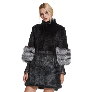 Women's Genuine Rabbit Fur Coat with Fox Fur Cuffs Warm Winter Coat Fur Story FS17160